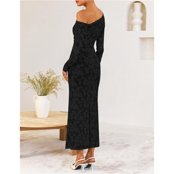 Women's Floral Off Shoulder Bodycon Maxi Dress Black - Picture 4 of 6
